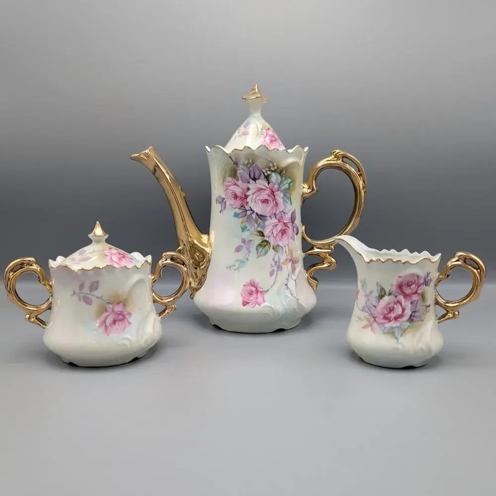 Vintage Lefton China Pink Rose Tea Set Teapot 6570 Sugar Creamer 6571 Gold Gilt